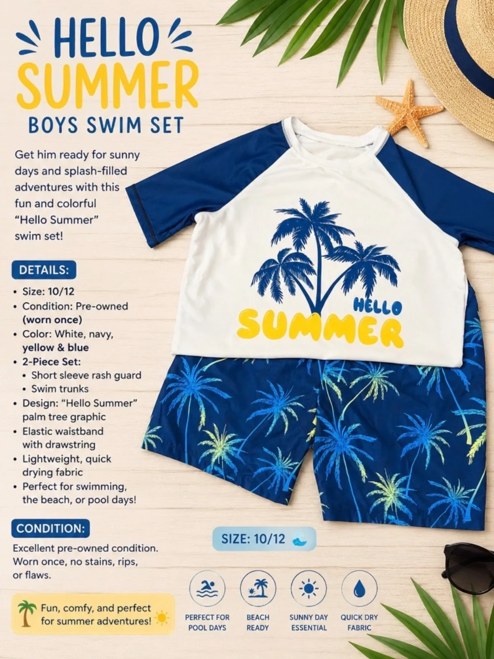 Boys “Hello Summer” 2-Piece Swim Set – Size 10/12